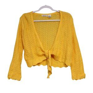 Vintage Y2K Tie Front Cardigan Large Vibrant Yellow Knit Festival Retro Ramie